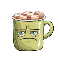 Cup of coffee with a sweet face filled with a hot drink and marshmallows. Vector for design t-shirts typography cards and posters. Funny cartoon picture in a flat style.