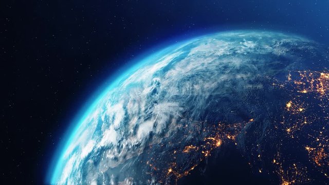 Planet Earth Slowly Rotating day to night concept with bright city lights from space 4K Loop Animation. Space, Planet, Galaxy, Stars, Cosmos, Sea, Earth, Sunset, Globe, World.
