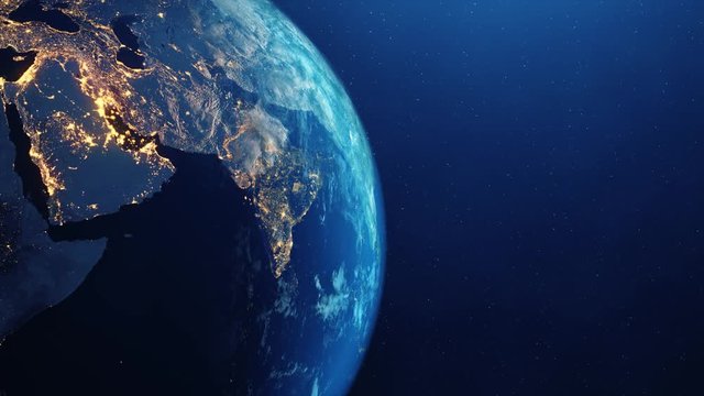 Earth rotating on Axis in space with stars and Cloud Day and Night Rotation Seamless Loop Animation . Space, Planet, Galaxy, Stars, Cosmos, Sea, Earth, Sunset, Globe, World.