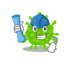 Smiling Architect of flaviviridae having blue prints and blue helmet