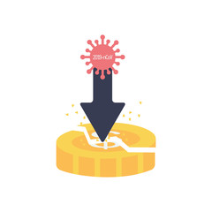 Obraz premium stock market crash concept, broken coin and arrow down with coronavirus symbol icon, flat style