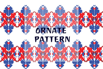 Red and blue embroidery ornament. Fashion texture for fabric textile.