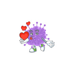 A romantic cartoon character of coronavirus influenza with a heart