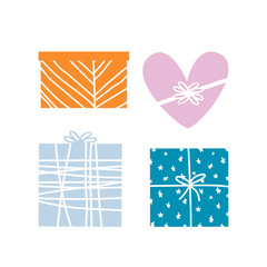 Silhouettes of cute hand drawn gift boxes and ribbon. Flat design. Vector stock illustration.