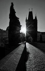 Old Town Bridge Tower and statue on Charles bridge, Prague.