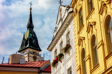 Buildings and church on square in Jindrichuv Hradec.