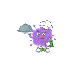 chef cartoon character of coronavirus influenza with food on tray