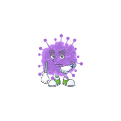 A cartoon icon of coronavirus influenza with waiting gesture