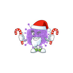 Friendly coronavirus influenza in Santa Cartoon character with candies