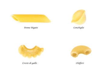 Collection of italian pasta with titles isolated on white background. Full size.