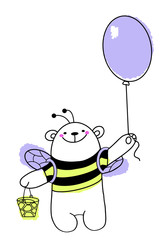 Cute bear in bee costume. birthday greeting card. Children's funny character fancy-dress. Vector illustration
