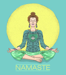 Namaste card with woman practice yoga meditation, lotus pose