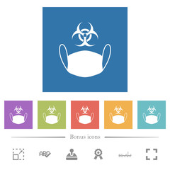 Face mask and biohazard symbol flat white icons in square backgrounds