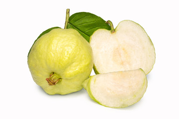 Guava fruit with leaf isolated on white background,Guava fruit isolated on the white With clipping path.