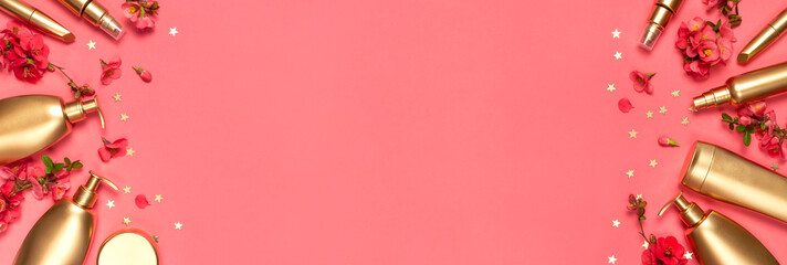 Cosmetics Branding Concept. Cosmetics, spring pink flowers, gold stars confetti on pink background....