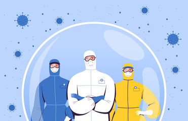 Medical team in protective suits, goggles and masks from the new coronavirus COVID-2019 are in a protective bubble. The concept of the fight of doctors with the 2019-nCov virus