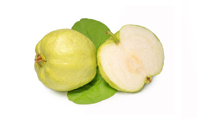 Guava fruit with leaf isolated on white background,Guava fruit isolated on the white With clipping path.