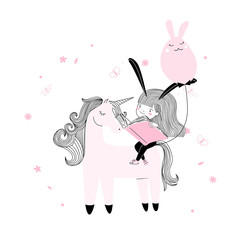 Cute little Easter themed kids characters cute little ribbon Holding a rabbit-shaped ball with on a unicorn horse cartoon style. t-shirt print, back to school, eggs hunt, Colourful Easter graphics. wa