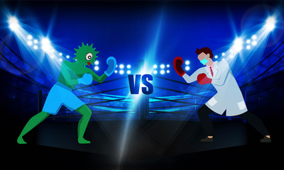 The doctor vs corona man at Boxing ring arena and spotlight floodlights vector design. Deadly type of virus 2019-nCoV Human vs virus