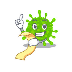 cartoon character of Flaviviridae holding menu ready to serve