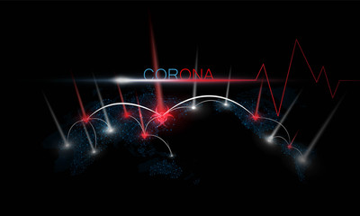 abstract technology lights dark backdrop with Arrow Light Blue Heart pulse monitor with signal and epidemic is spread all over the world. Heart beat. icon. Hitech communication. Coronavirus Infection