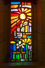 Nazareth, Israel, January 25, 2020: Basilica of the Annunciation - colorful stained glass windows