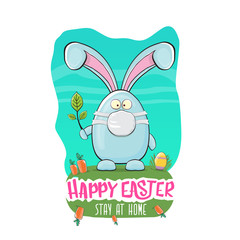 Happy easter stay at home greeting card with funny cartoon blue rabbit with medical face mask. Easter egg hunt hand drawn concept illustration banner.