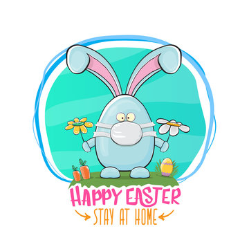 Happy easter stay at home greeting card with funny cartoon blue rabbit with medical face mask. Easter egg hunt hand drawn concept illustration banner.