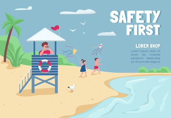 Safety first banner flat vector template. Brochure, poster concept design with cartoon characters. Tropical sand beach lifeguard in tower horizontal flyer, leaflet with place for text