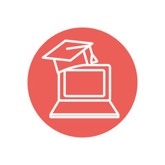 education online concept, Laptop computer with graduation cap icon, line block style