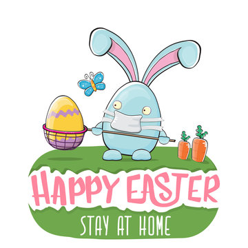 Happy easter stay at home greeting card with funny cartoon blue rabbit with medical face mask holding butterfly net. Easter egg hunt hand drawn concept illustration banner.