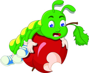 Funny Green Caterpillar on Red Bitten Apple Cartoon