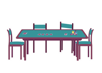 Casino cartoon vector illustration. Blackjack game of chance. Deal deck of cards. Stack of chips. Green poker table with four seats flat color object. Desk for gambling isolated on white background