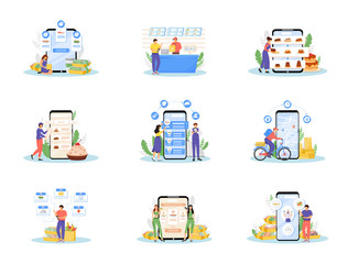 Online food ordering and delivery flat concept vector illustrations set. Fast food, sweet pastry and healthy nutrition order services metaphors. Customers and nutritionists 2D cartoon characters