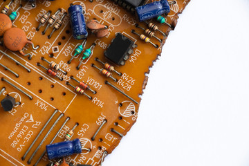 circuit board circuitry, disassembled computer as background,