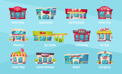 Shop front flat color vector objects set. Barber salon. Supermarket exterior. Sporting goods. Gas station. Law agency. Flower shop. Storefront 2D isolated cartoon illustrations on blue background