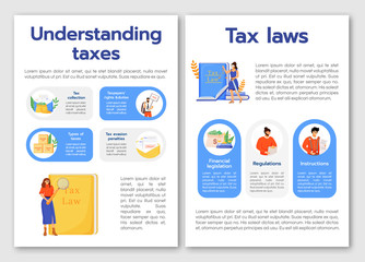 Understanding taxes flat vector brochure template. Tax laws flyer, booklet, printable leaflet design. Taxation policy magazine page, cartoon annual reports, infographic posters with text space