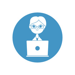 doctor online concept, cartoon doctor with laptop computer icon, block style