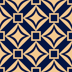 Geometric square print. Golden pattern on dark blue seamless background