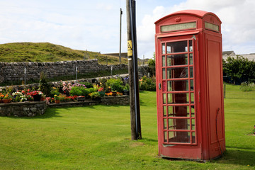 Durness -  (Scotland), UK - August 11, 2018: A red thelephone box in Durness, Scotland, Highlands, United Kingdom