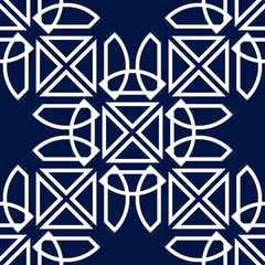 White seamless pattern. Geometric design on dark blue background