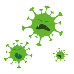 Green coronavirus with fangs dies. Destroy the virus. Debilitated disease. Illustration on white background