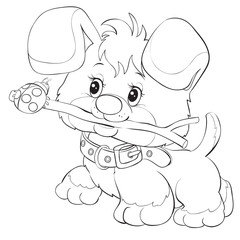 Cartoon style little puppy playing with a stick on which a ladybug is sitting, drawn in outline, isolated object on a white background, vector illustration, EPS