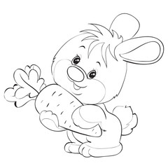rabbit holds carrot in its paws, outline drawing, coloring, isolated object on a white background, vector illustration, eps