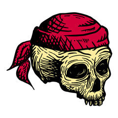 Hand drawn skull of a dead man in a red bandana, on a white background. Vector illustration