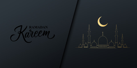 Ramadan celebrate banner with black handwritten inscription Ramadan Kareem, gold crescent moon and golden colored mosque. Muslim holy month vector illustration.