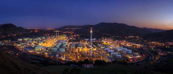 A panoramic view of a refinery at night in Muskiz (Spain)