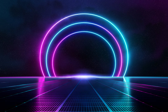 Abstract background pathway leading to blue and pink neon light circles reflecting on the floor 3D rendering