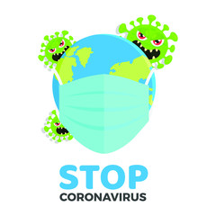The Earth wears a mask to prevent the spread of the corona virus or covid-19/Angry corona virus illustration/ Corona virus attacking earth, globe wearing mask. 