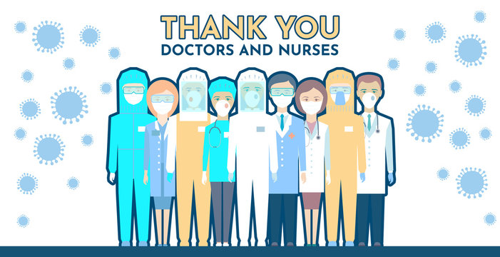 Cartoon Image Of Doctors And Nurses For Postcard. Thank You Doctors And Nurses Working In The Hospitals And Fighting The Coronavirus, Vector Illustration